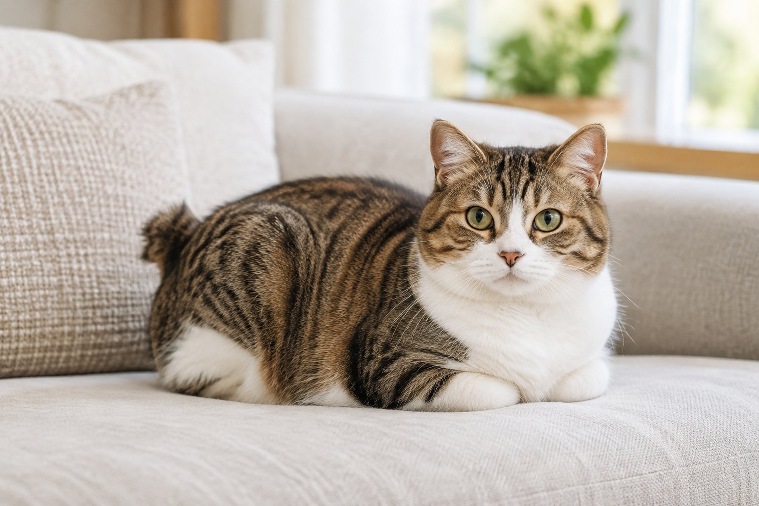 A relaxed Manx cat rests on a sofa in a bright home.