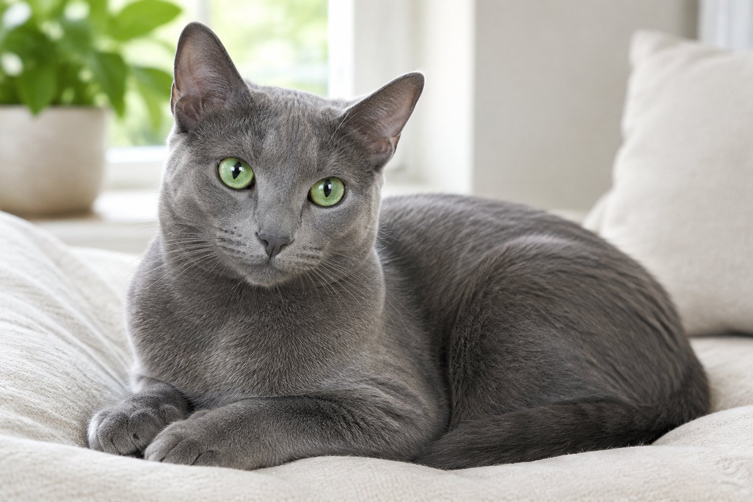 A silver-blue Korat cat rests calmly on a cushion in a bright home.