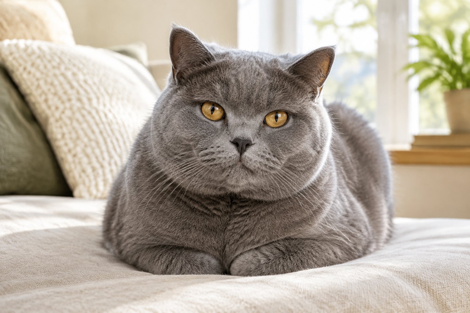 A blue-gray British Shorthair cat rests calmly on a sofa.