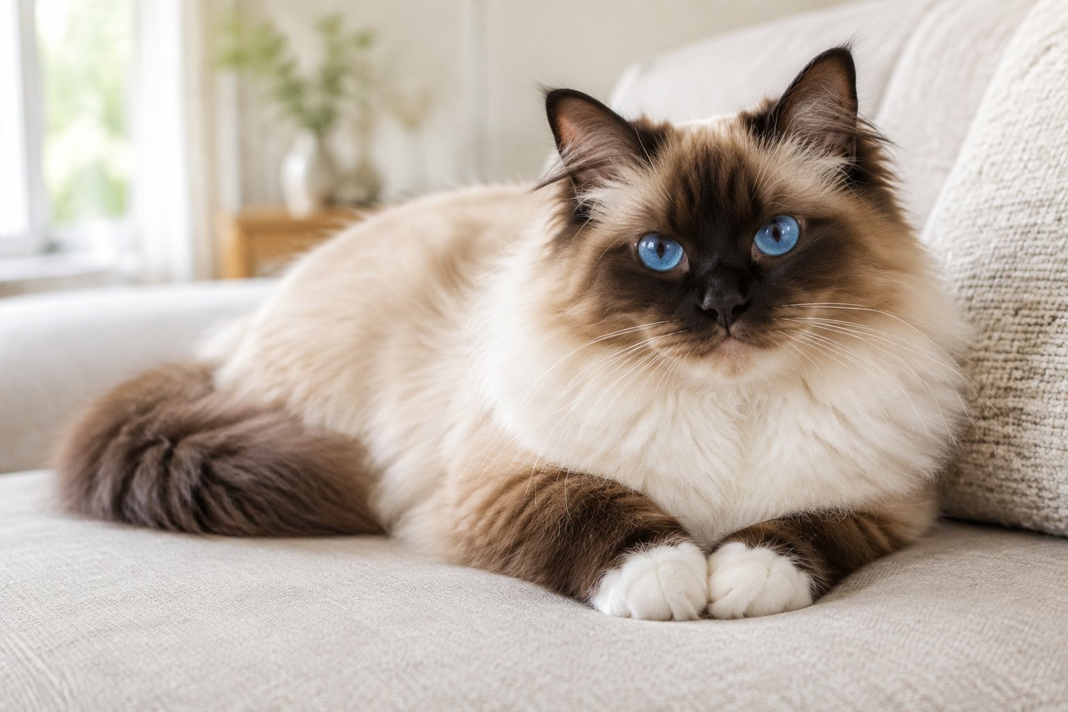A relaxed Birman cat resting on a sofa in a bright home.