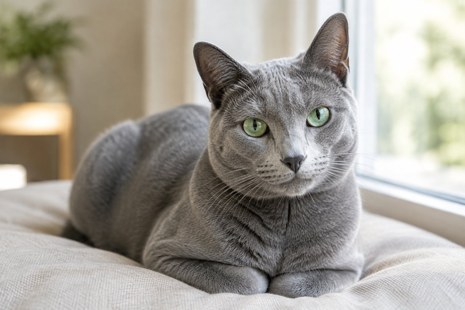 A relaxed Russian Blue cat rests on a cushion beside a window.