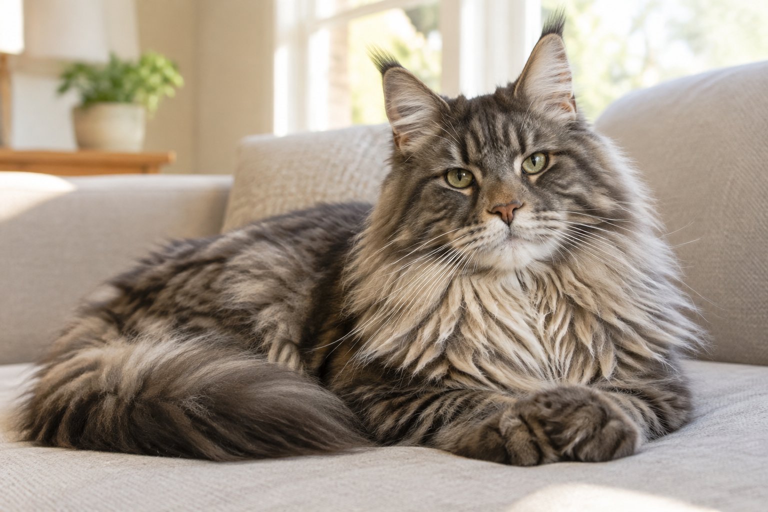 A relaxed Maine Coon cat rests on a sofa in a sunlit living room.
