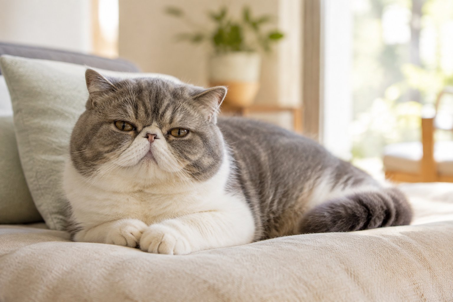 A relaxed Exotic Shorthair cat resting on a cushion in a sunlit living room.