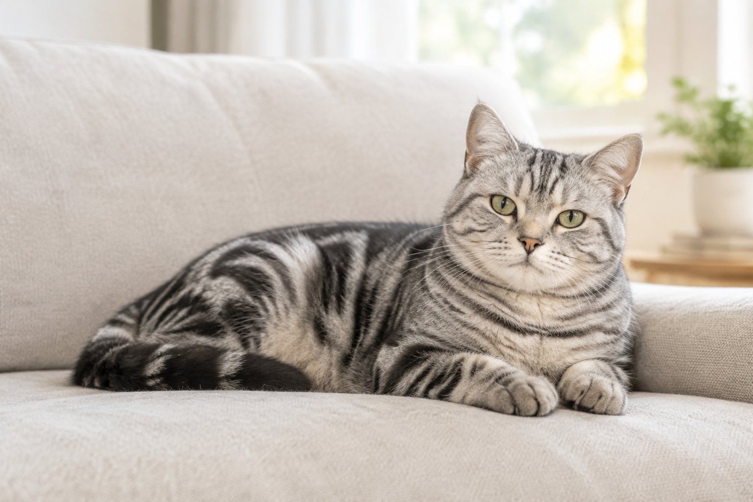 A relaxed silver tabby American Shorthair rests on a sofa.