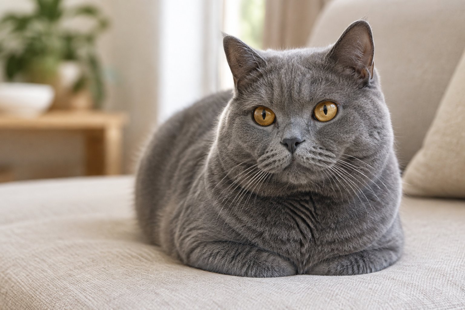 A blue-gray Chartreux cat rests calmly on a sofa.