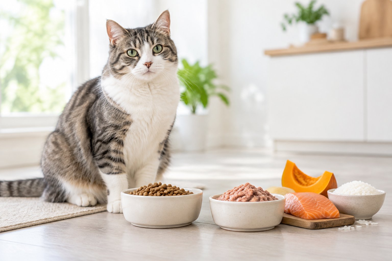 A relaxed cat sits beside bowls of kibble and wet food.