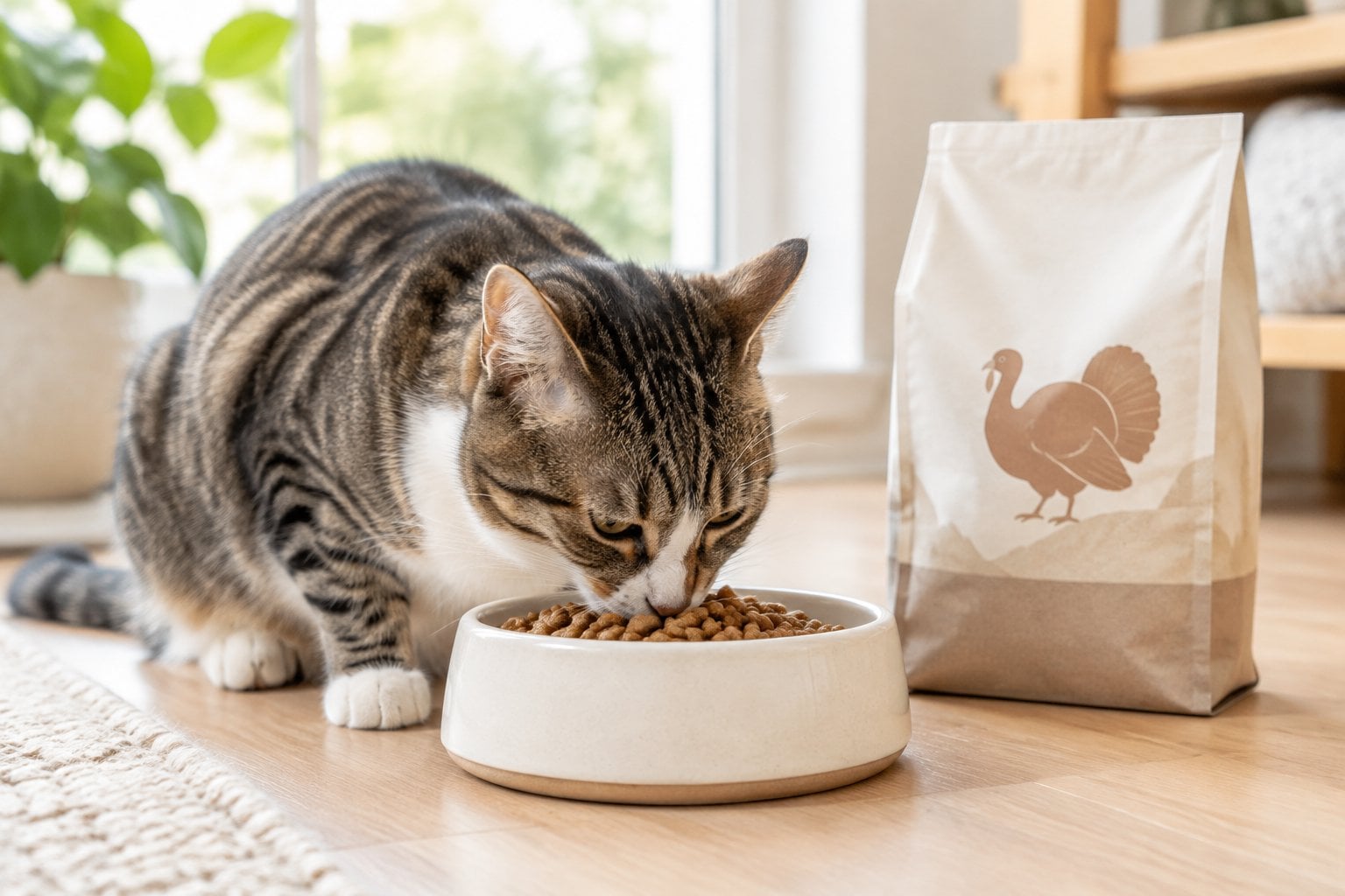 A cat eats dry kibble from a bowl beside a food package.