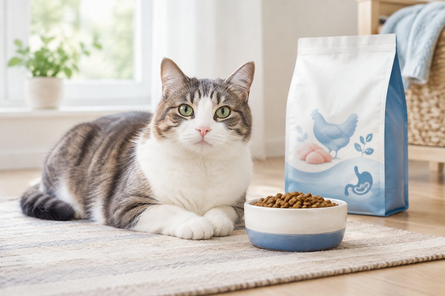 A relaxed cat sits beside a bowl of dry food.