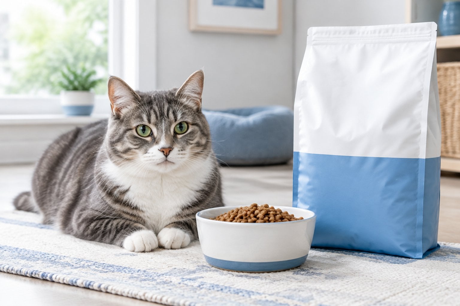 A cat sits beside a bowl of dry food and a pet food bag.