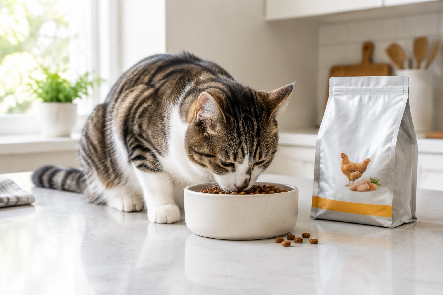 A cat eats dry food from a bowl beside an unmarked food bag.