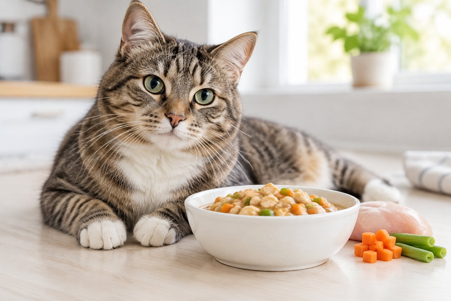 A cat eating dry kibble from a bowl in a bright kitchen.
