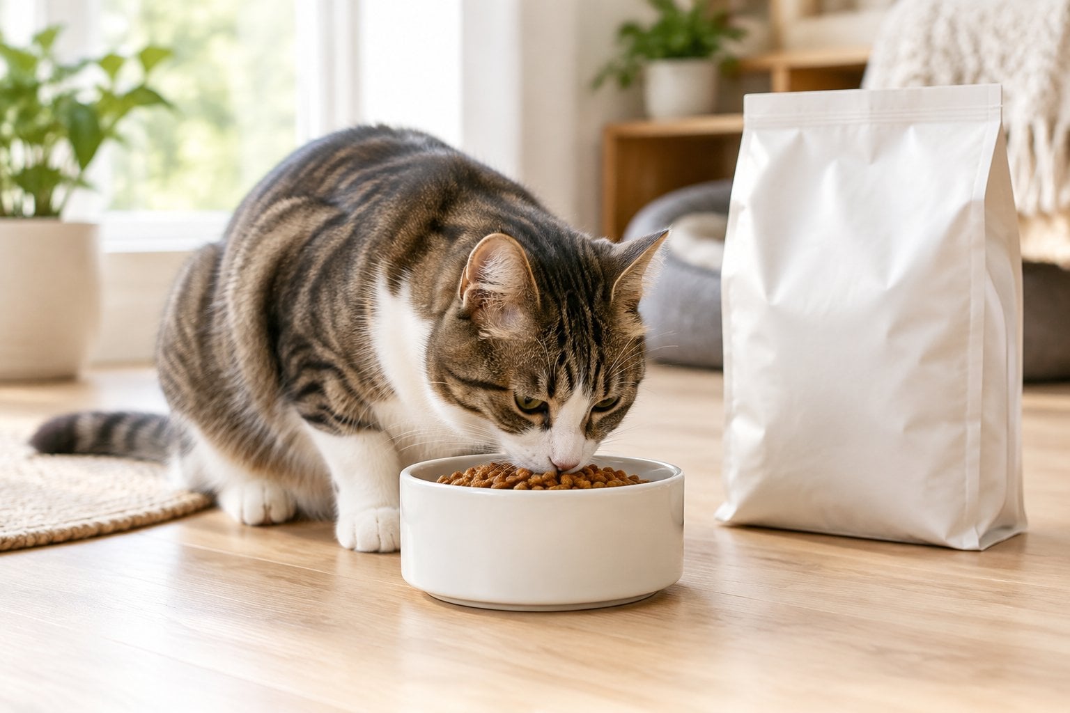 A cat eating dry food from a bowl beside a pet food bag.
