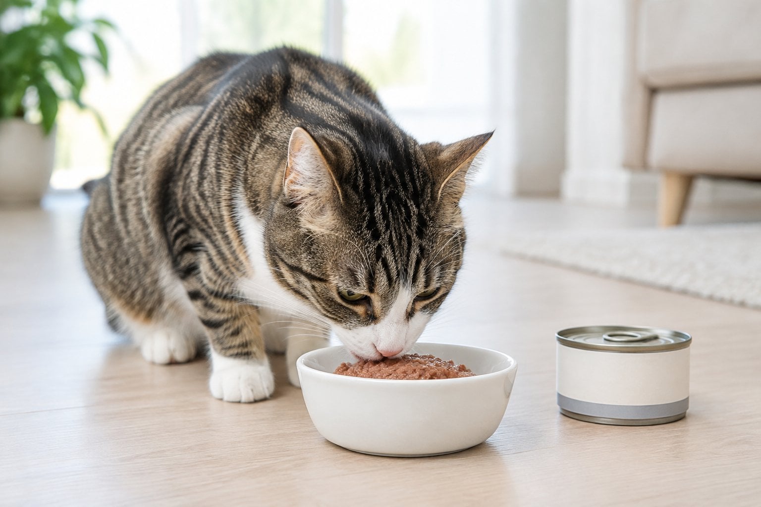 A cat eating wet food from a bowl beside a pet food can.