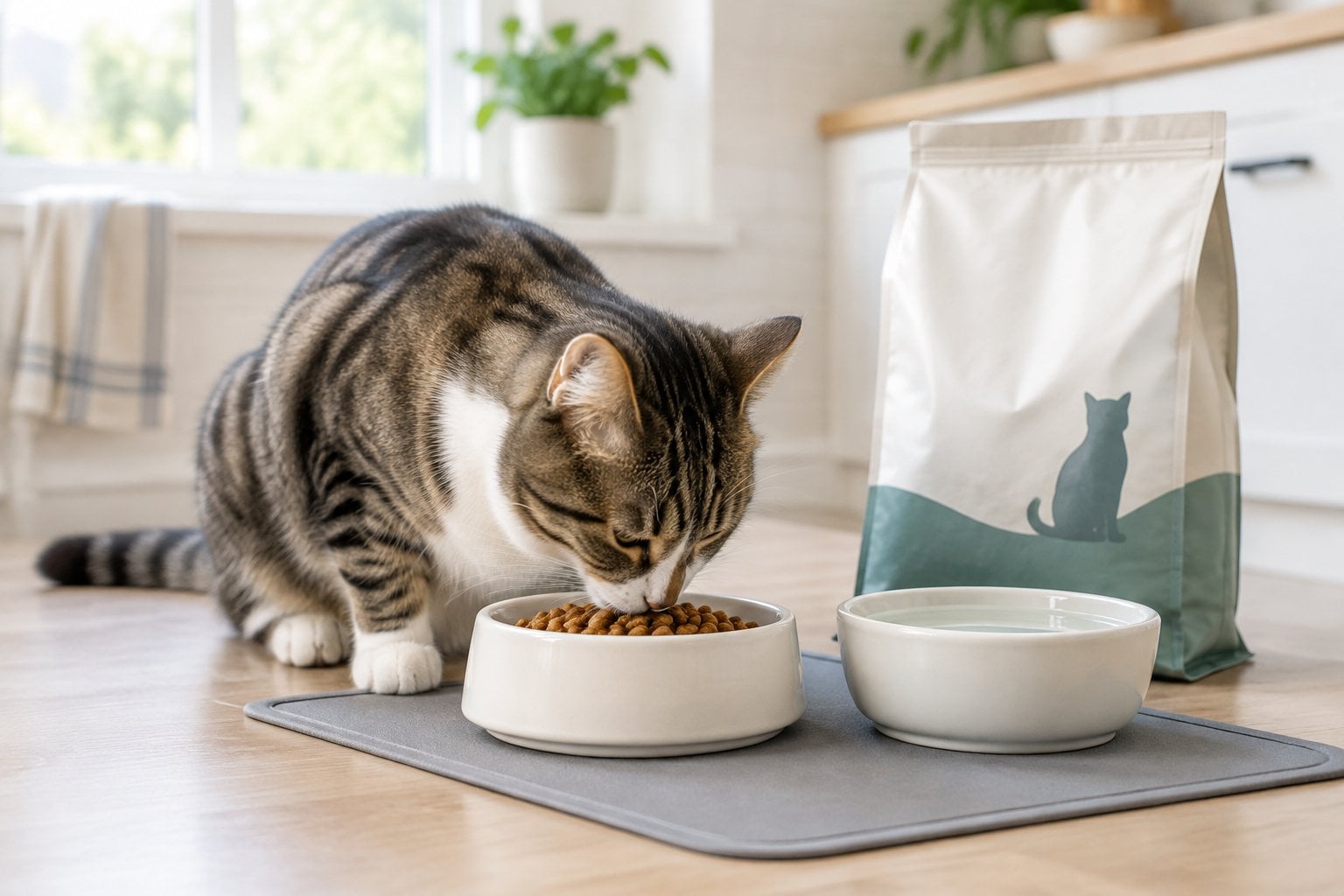 A cat eats dry food from a bowl beside a bag of cat food and a bowl of water.