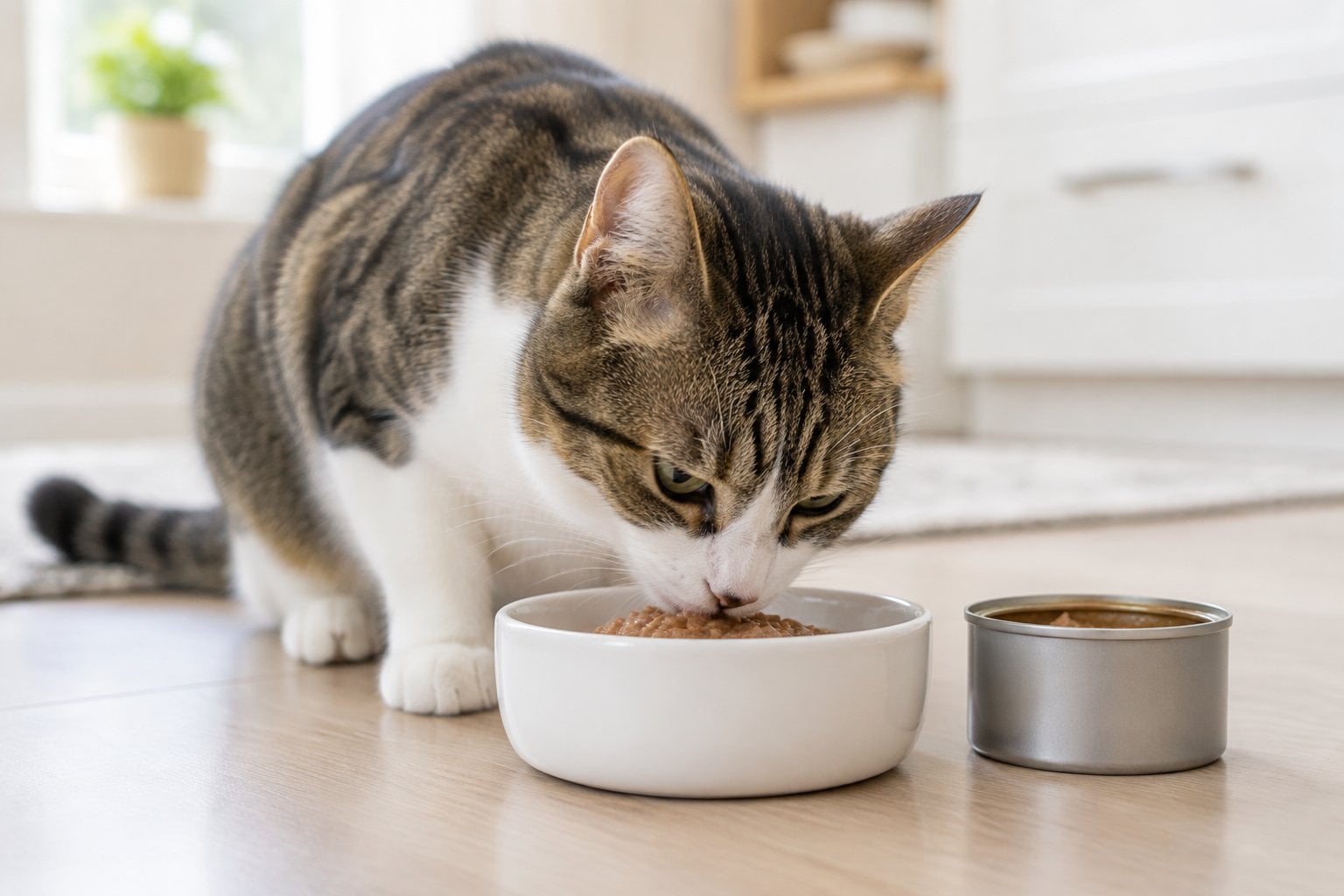 A cat eating wet food from a bowl beside an open can.