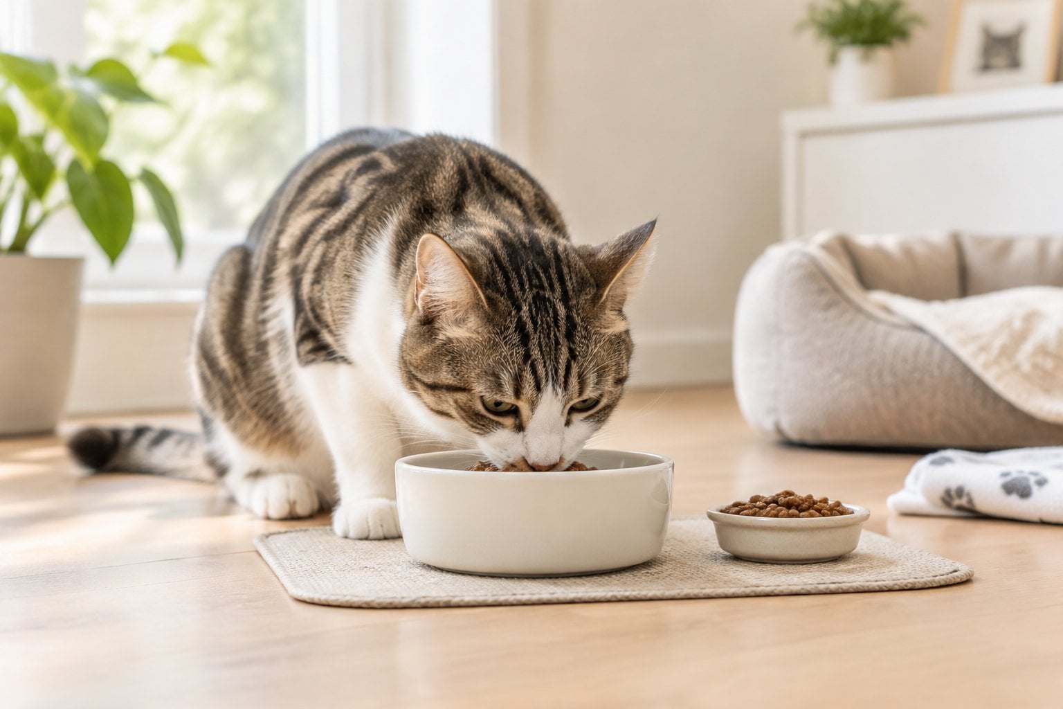 A cat sniffs a bowl of turkey and potato kibble.