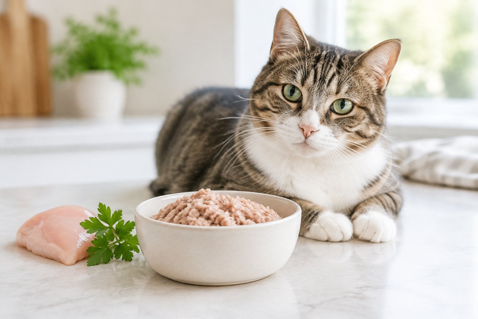 A relaxed cat sits beside a bowl of ground poultry cat food.