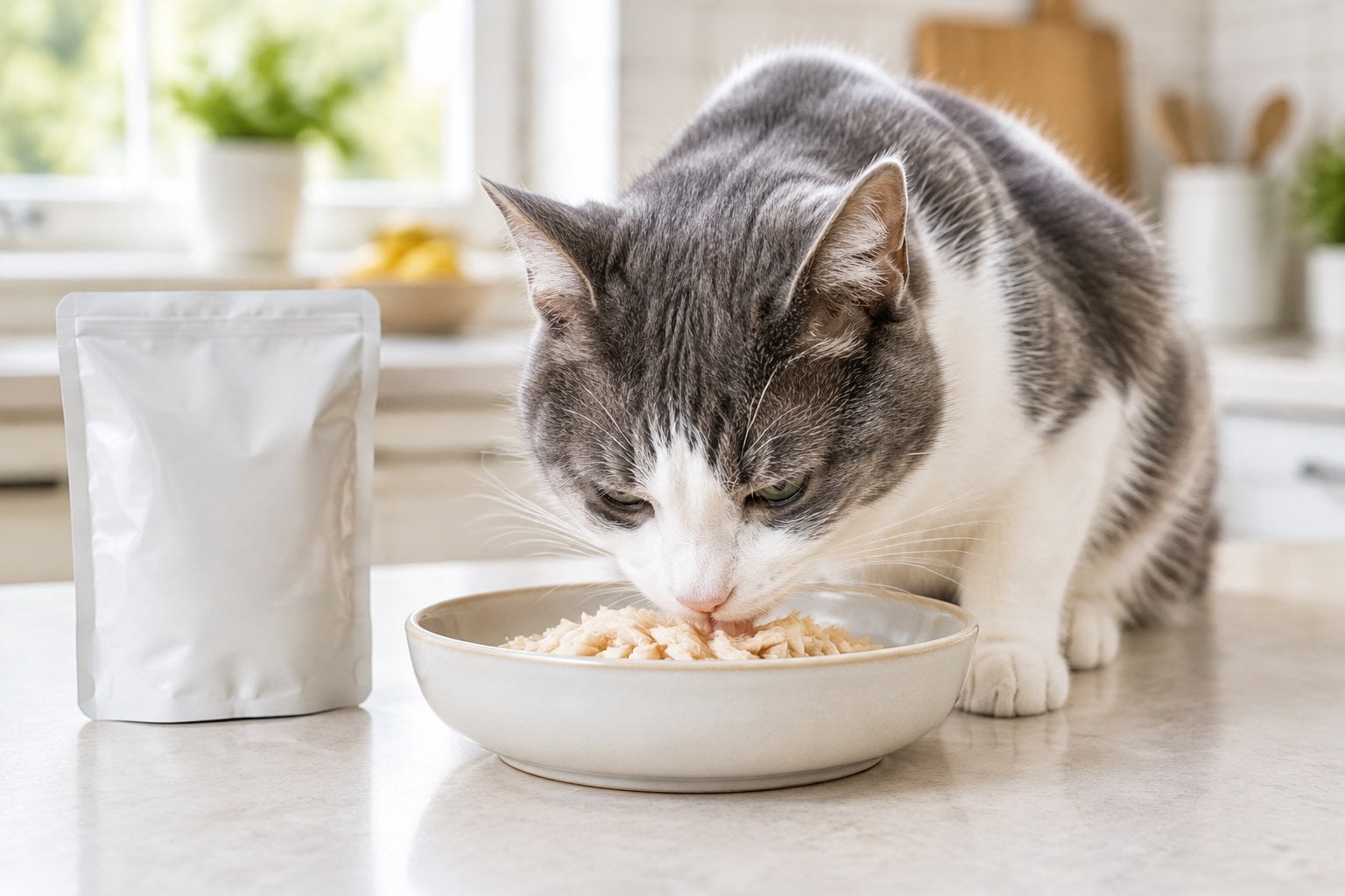 A gray-and-white cat eating shredded chicken from a bowl in a kitchen.