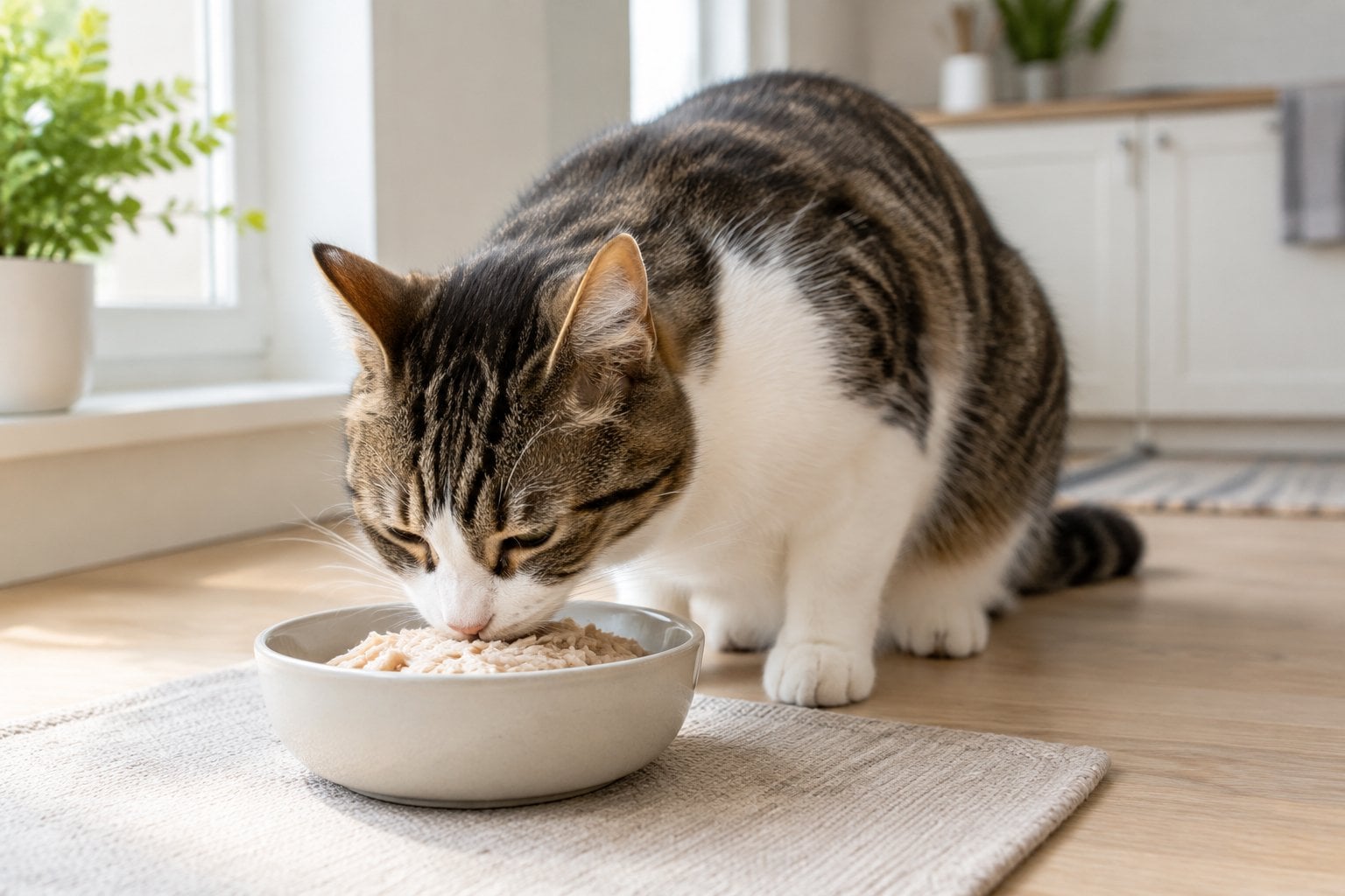 A cat eating salmon kibble from a ceramic bowl.