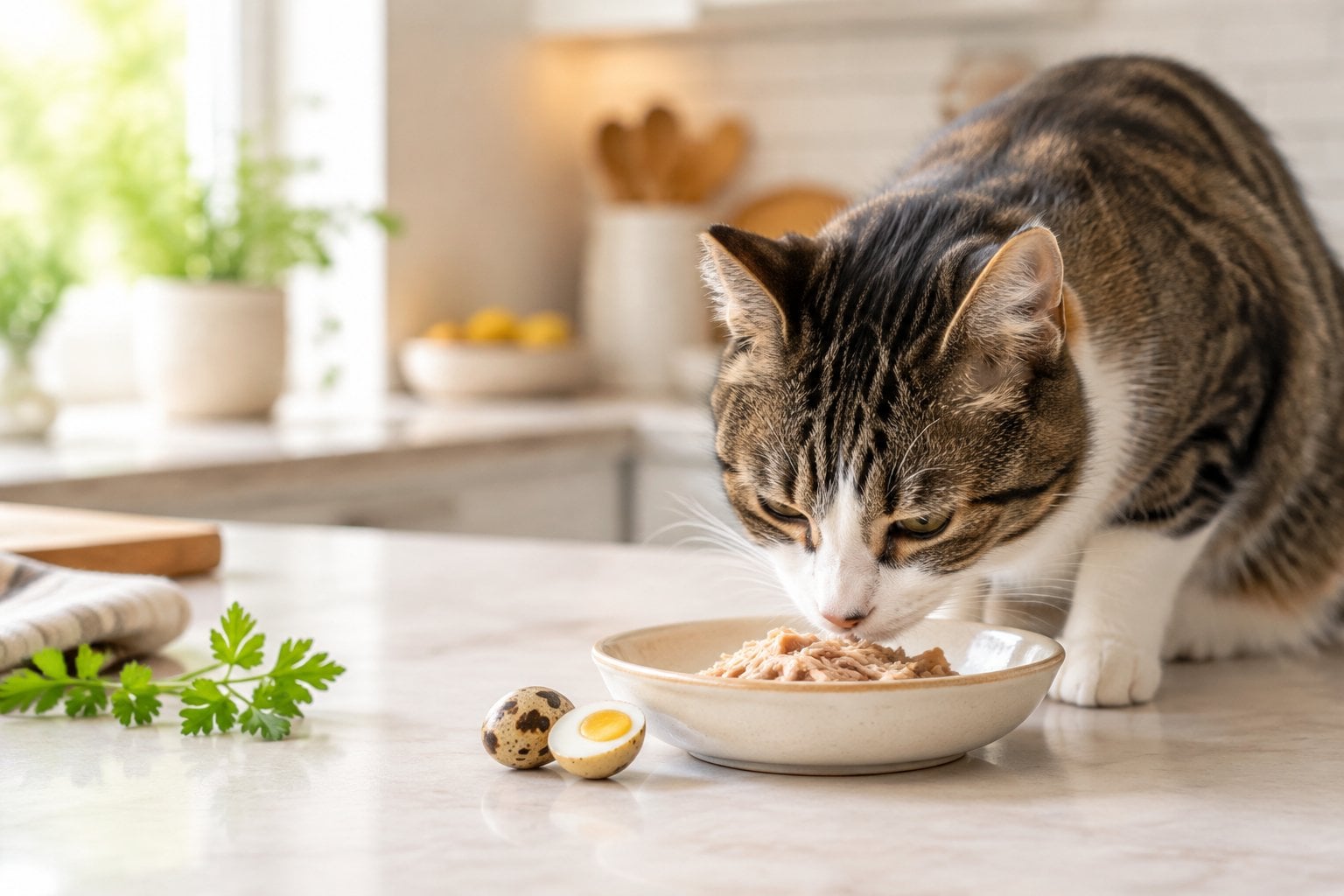 A cat eating shredded chicken from a bowl beside a halved quail egg.