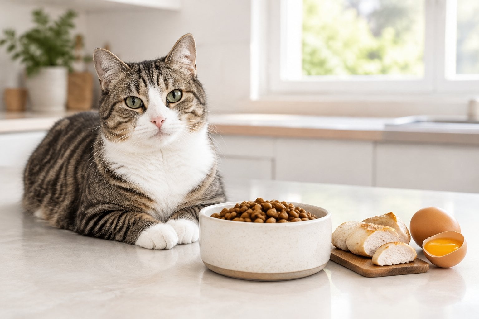 A cat sits beside a bowl of dry food, with chicken and eggs nearby.