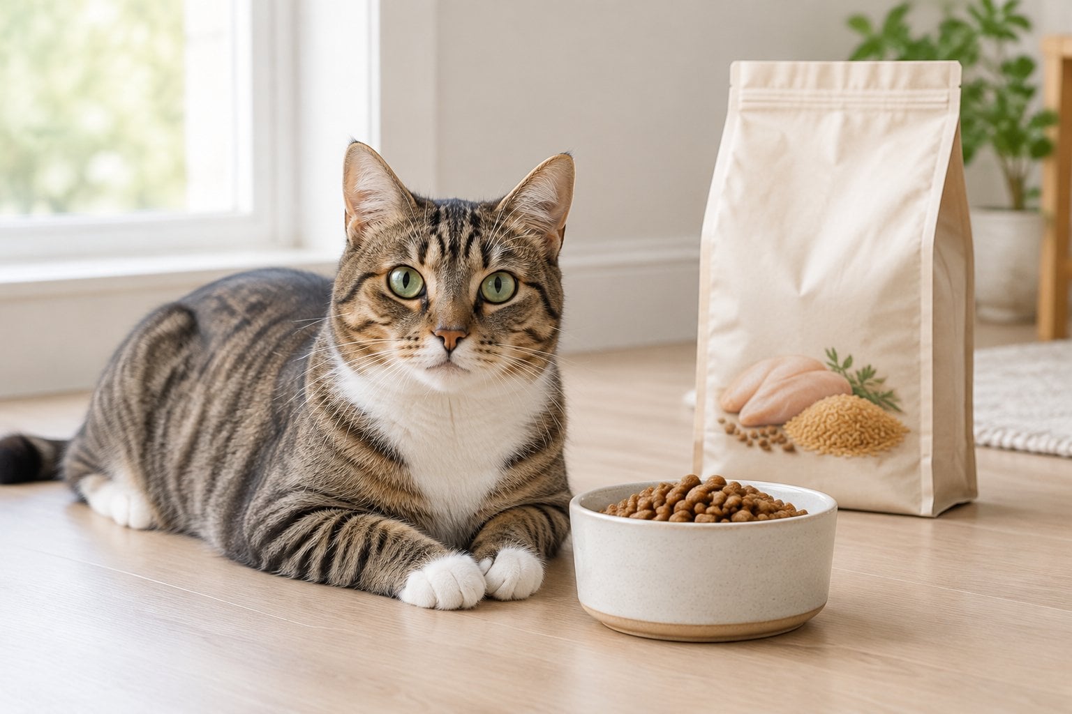 A cat sits beside a bowl of dry food and an unbranded food bag.