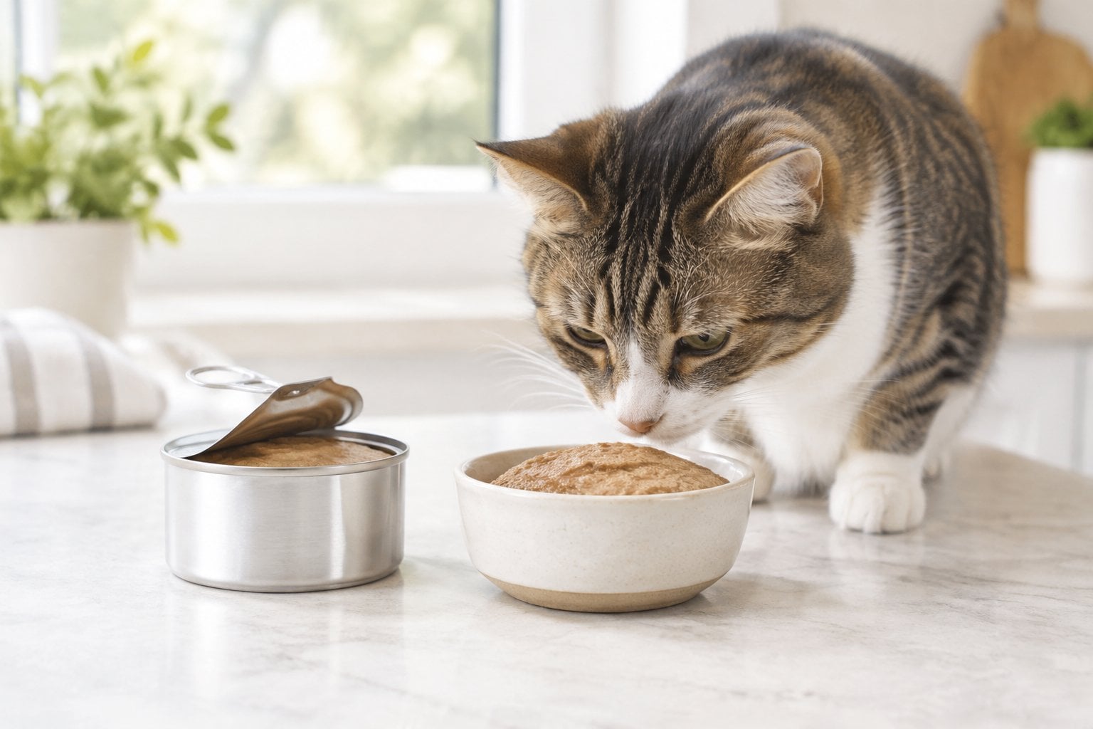 A cat calmly sniffing chicken pâté served in a dish beside a food can.