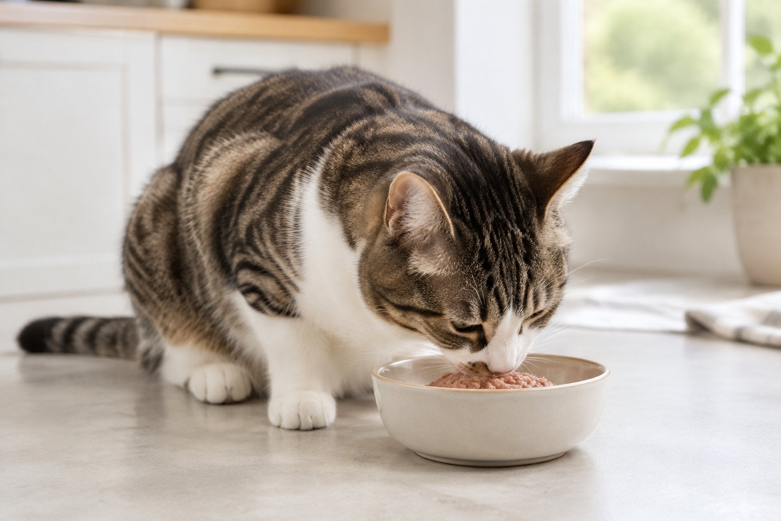 A cat eating pâté from a bowl.