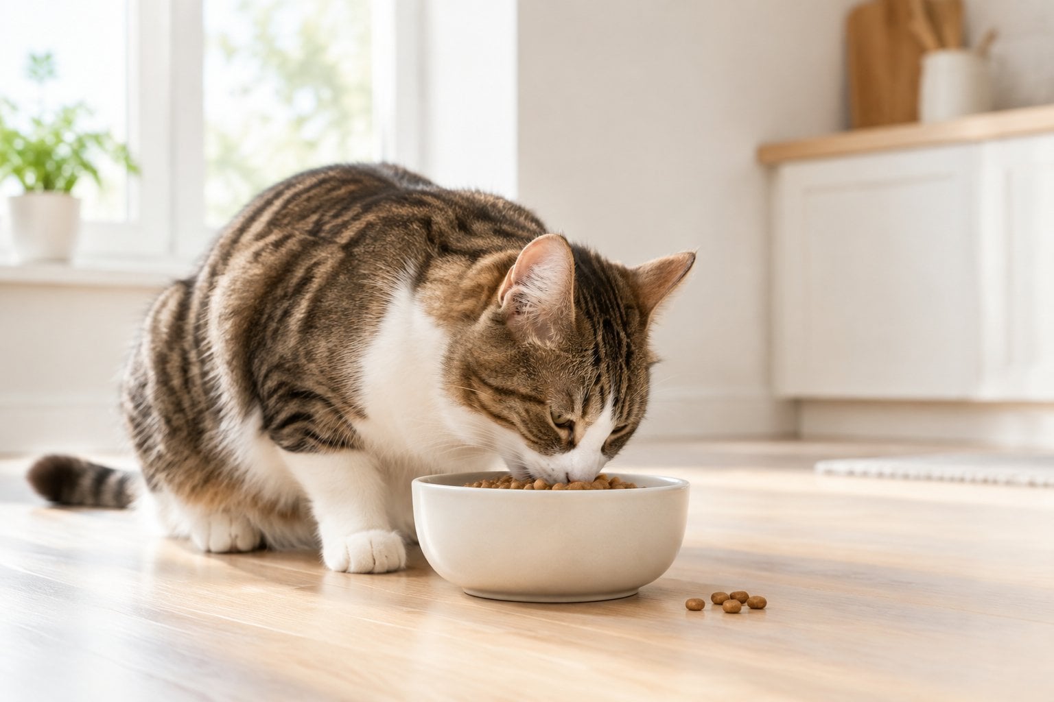 A cat eating dry food from a bowl in a bright kitchen.