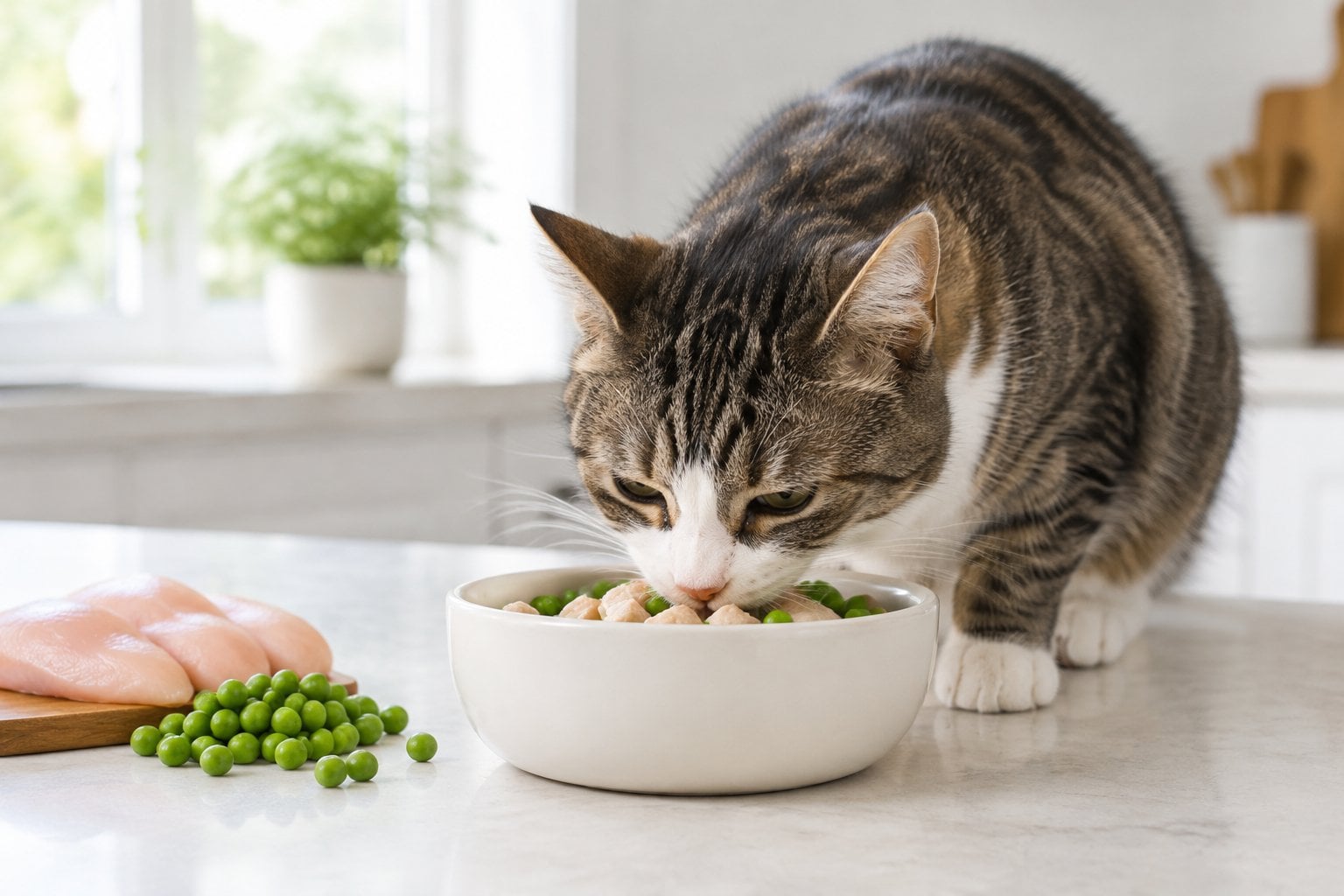 A cat eating chicken and green peas from a bowl.