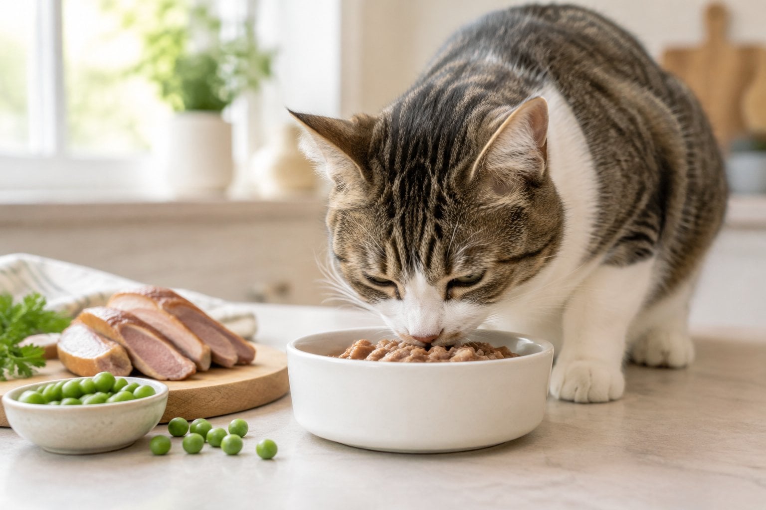 A cat eats from a bowl beside duck pieces and green peas.