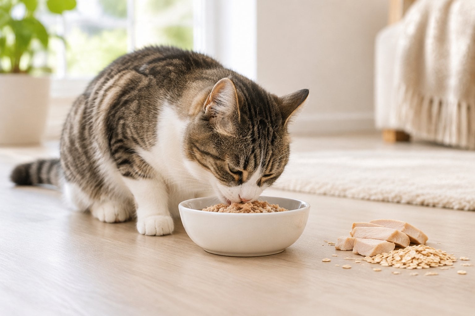 A relaxed cat eating wet food from a ceramic bowl.