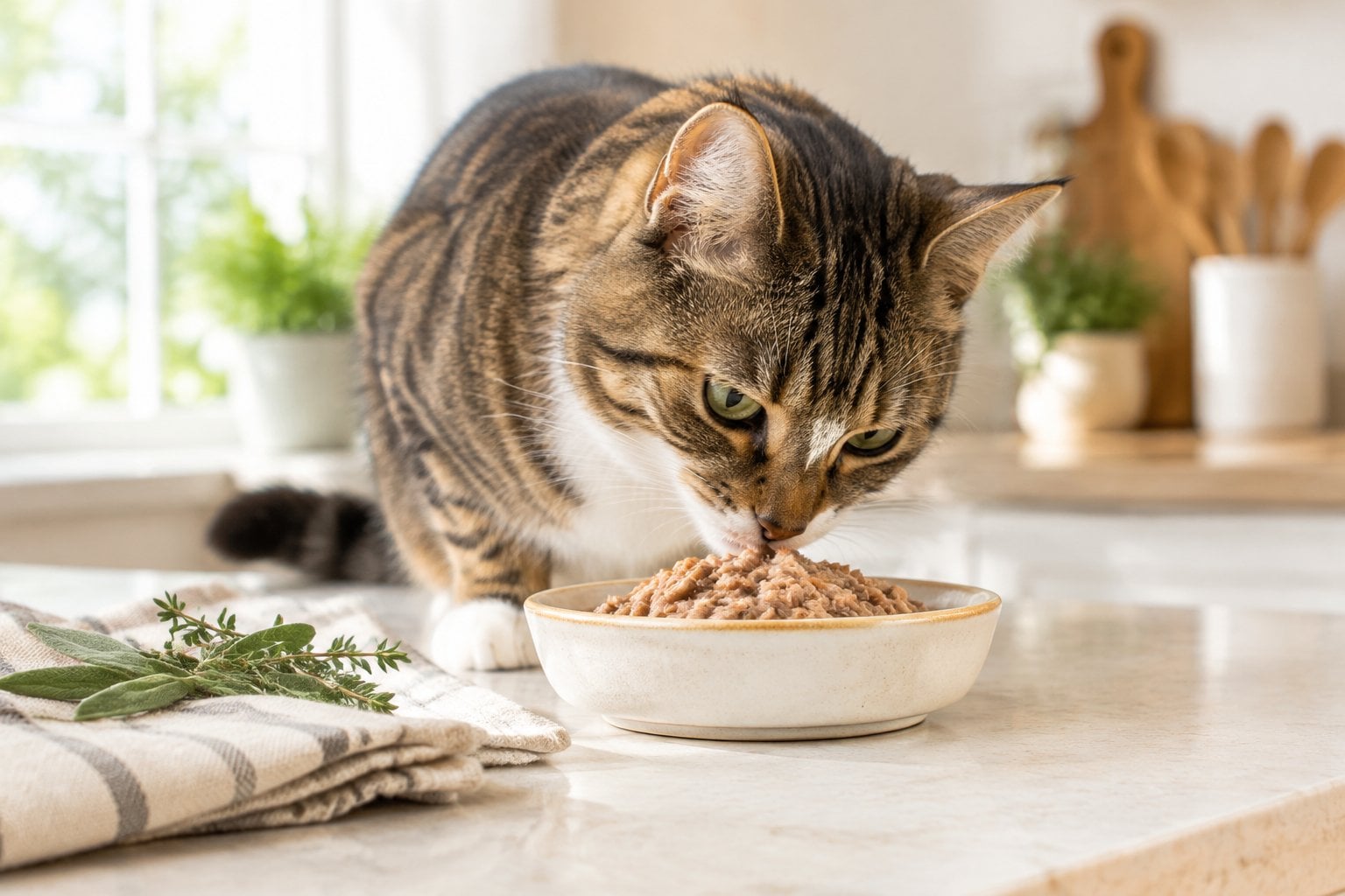 A relaxed cat eating wet food from a dish in a bright kitchen.