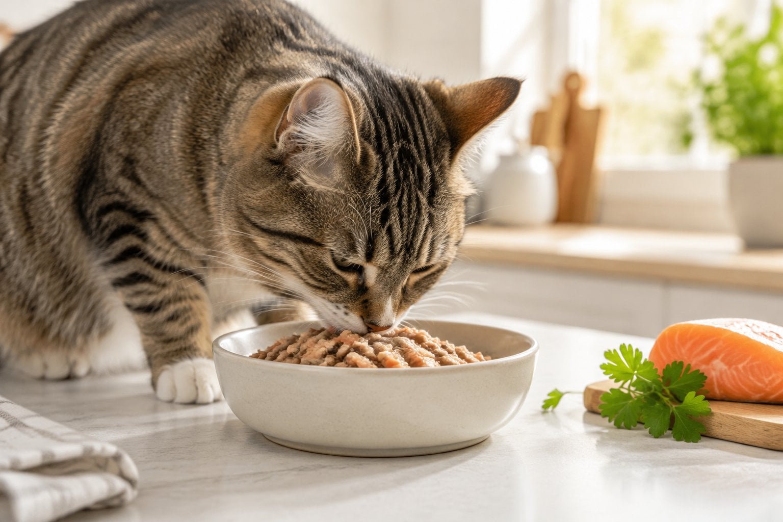 A cat eating salmon-colored wet food from a ceramic bowl.