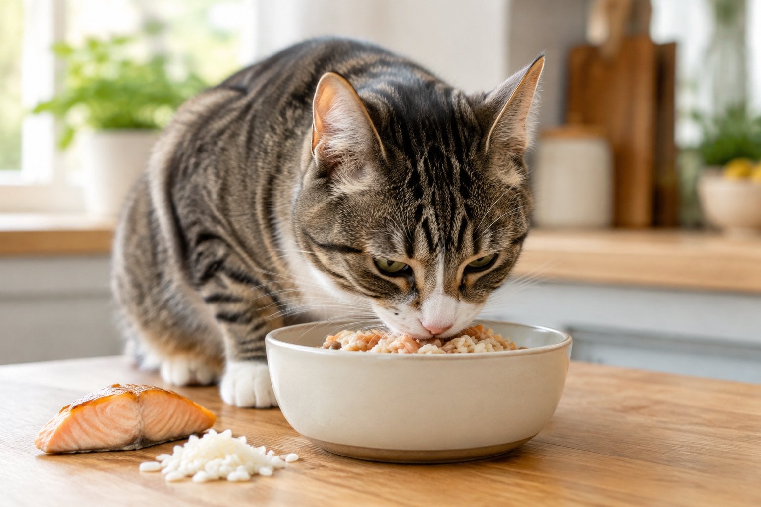 A cat eating from a bowl beside salmon and rice.