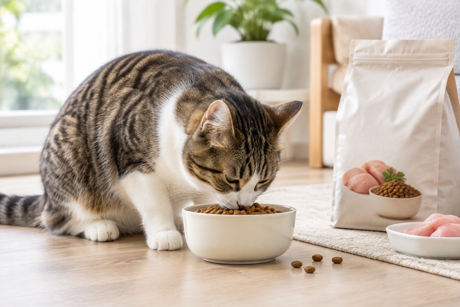 A cat eats dry food from a bowl beside a container of kibble.