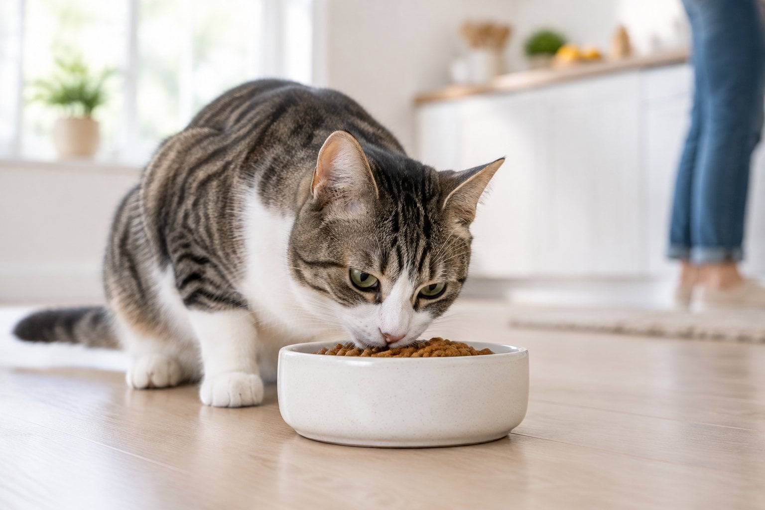 A cat eating dry food from a bowl in a bright kitchen.