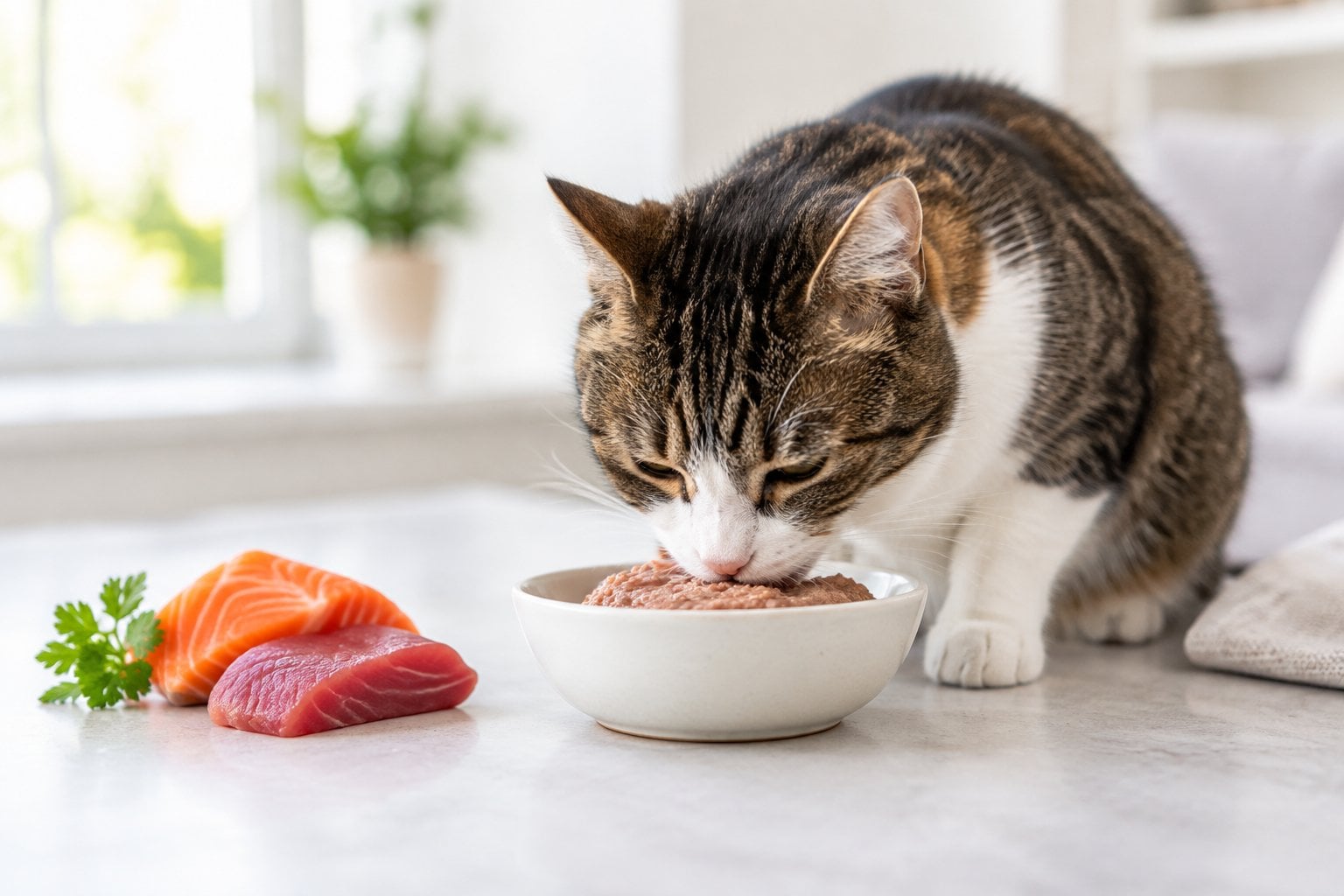 A cat eating salmon-colored wet food from a ceramic bowl.