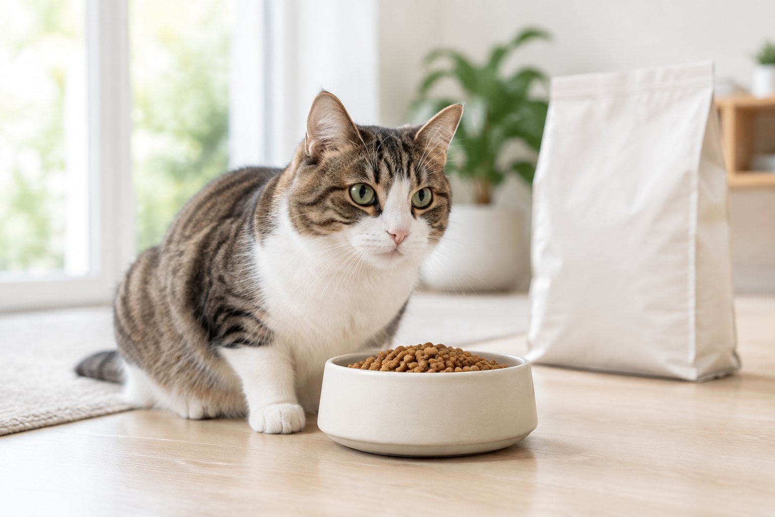 A cat sits beside a bowl of dry food.
