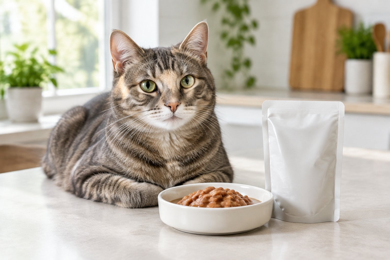 A relaxed cat sits beside a dish of wet food and a plain pouch.
