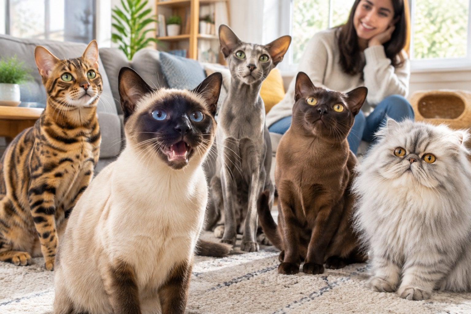 Several cats gather in a living room as a Siamese cat meows.