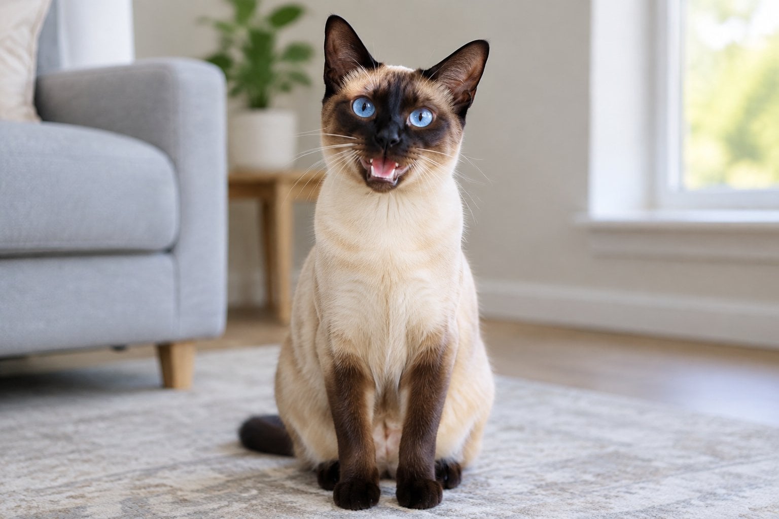 A seal-point Siamese cat sits indoors with its mouth open as if meowing.