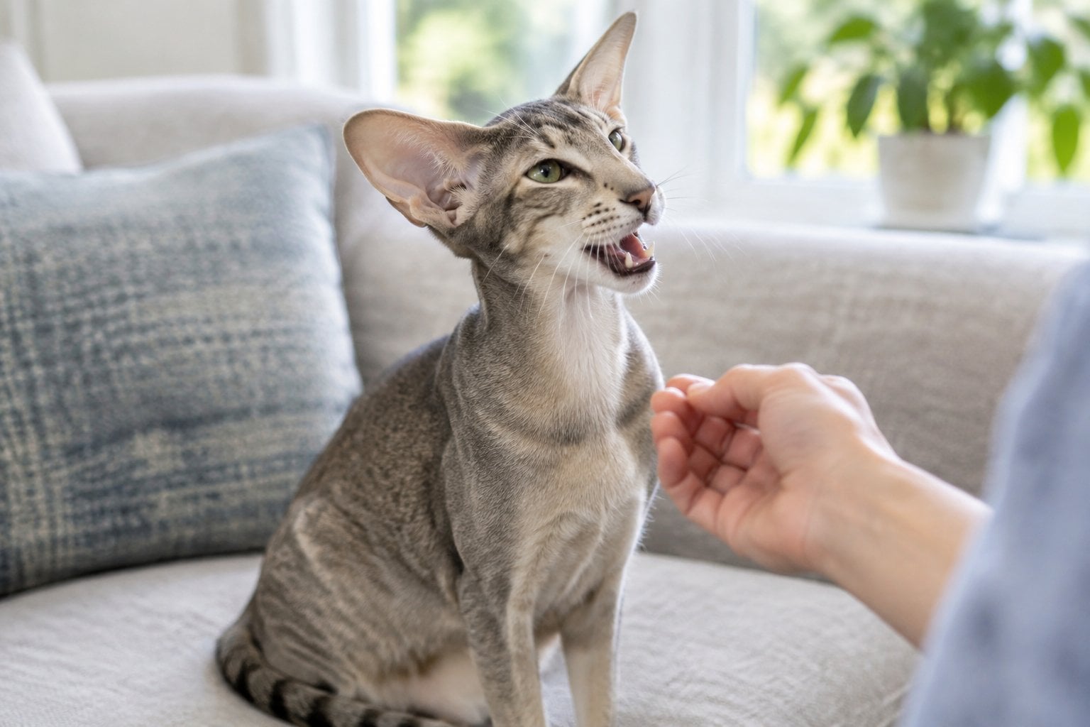 An Oriental Shorthair cat meows from a sofa beside a person's hand.