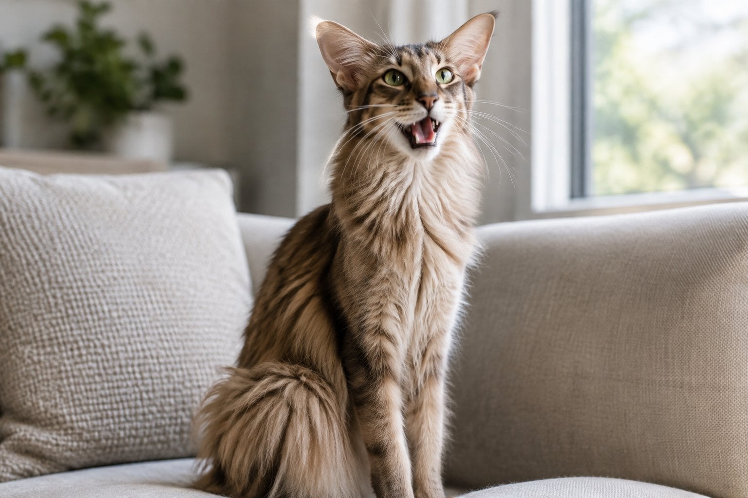 A long-haired cat sits indoors with its mouth open as if meowing.