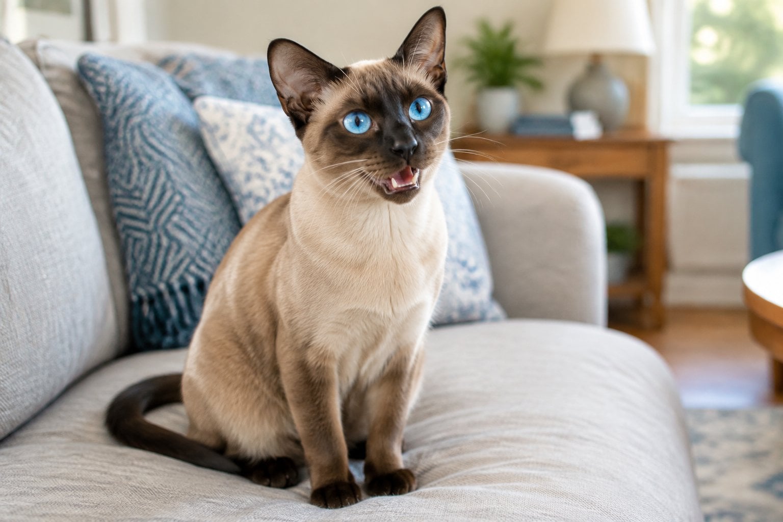 A Tonkinese cat sits on a sofa with its mouth open as if meowing.
