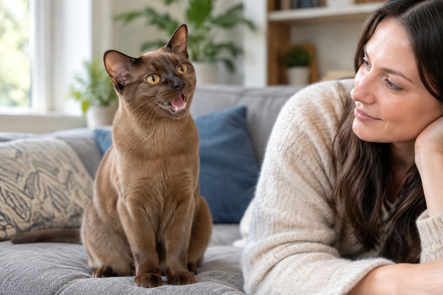 A brown Burmese cat meows while sitting on a sofa beside its owner.