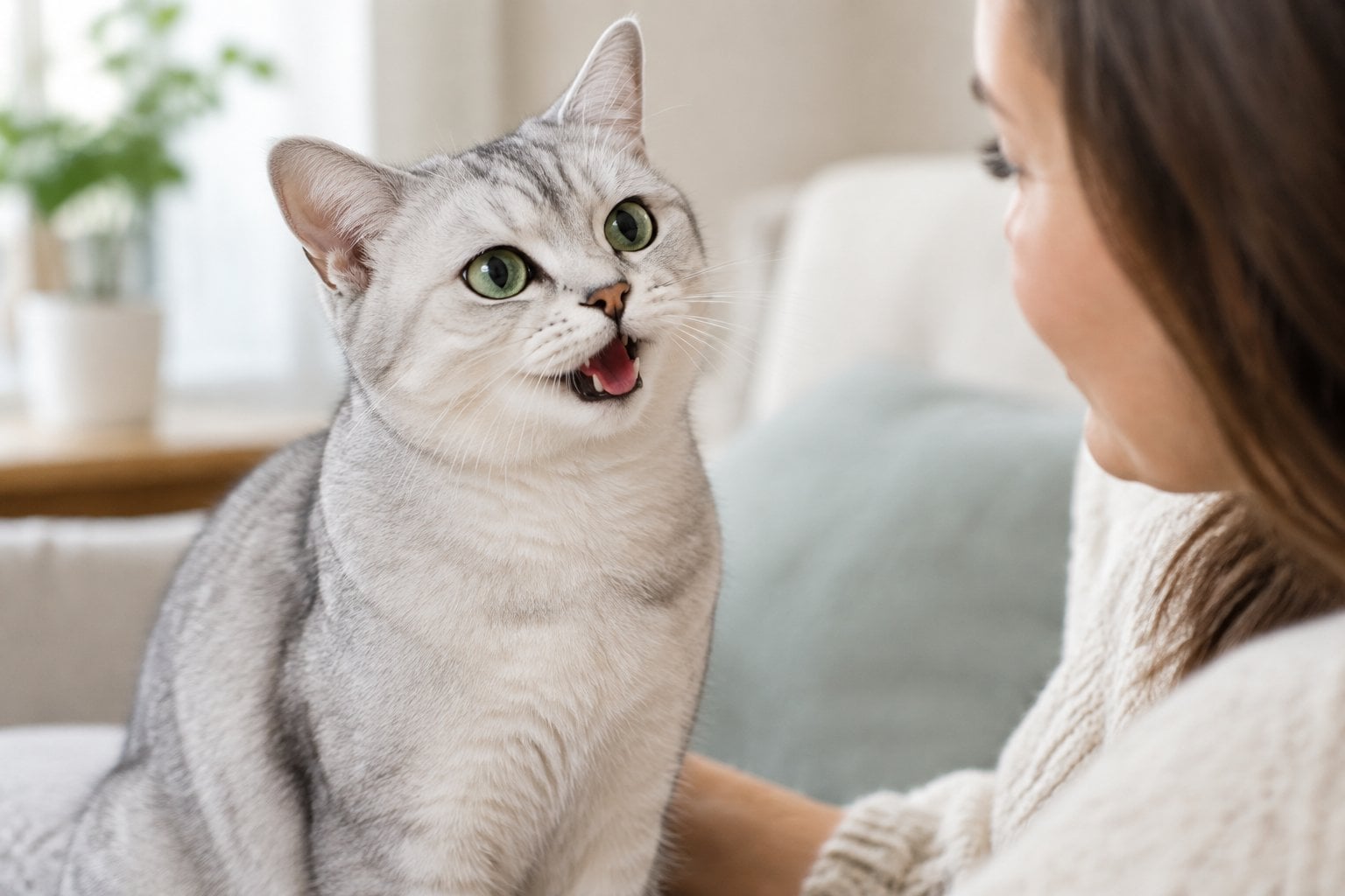 A silver-shaded Burmilla cat sits beside its owner with its mouth slightly open.