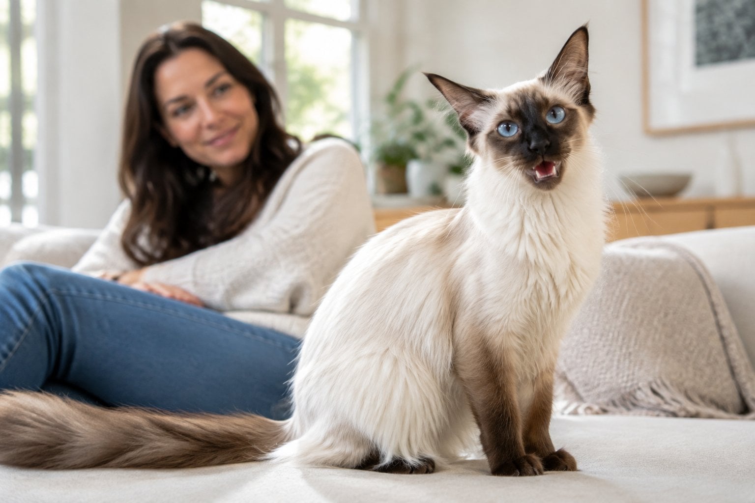 A blue-eyed Balinese cat meows while its owner looks toward it.