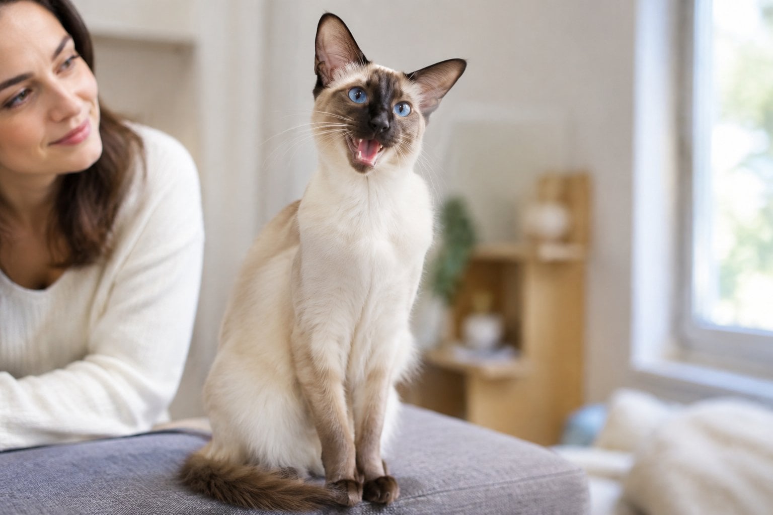 A blue-eyed Javanese cat sits indoors with its mouth open as if meowing.