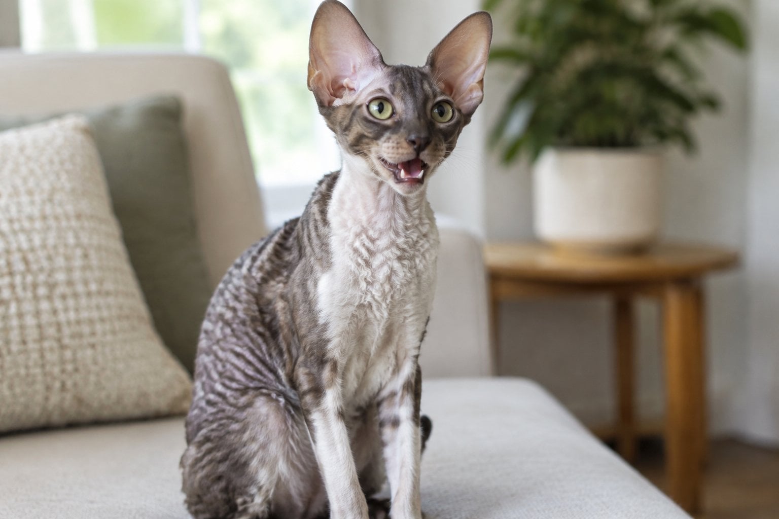 A Cornish Rex cat sits indoors with its mouth open as if meowing.